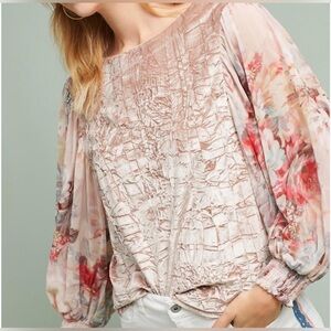 Meadow Rue for Anthropologie Crushed Velvet Top with Floral Sleeves Size L NWT